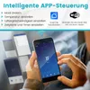 A person is holding a smartphone displaying a mobile app interface, with several other app screens floating around it. The background shows a blurred interior scene. Text overlays describe smart app control features. Produktbild-Vorschau