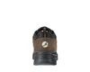 The back view of a brown work shoe with a black sole and a light blue logo on the side. Produktbild-Vorschau