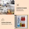 A collage of lifestyle images and marketing graphics for a mini-fridge, including a shot of the open fridge with drinks inside. Produktbild-Vorschau