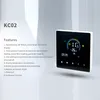A digital thermostat is displayed with its features listed on the left side of the image. Podgląd zdjęcia produktu