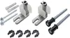 A set of plumbing fixtures and mounting hardware, including two wall-mounted toilet support brackets, screws, wall plugs, and connecting rods. Produktbild-Vorschau