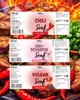 Three jars of mustard with labels, set against a background of grilled meat and chili peppers. Produktbild-Vorschau