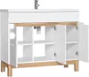 A white and wood-grain bathroom vanity with open doors and shelves. Produktbild-Vorschau