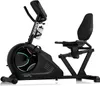 A black recumbent exercise bike is shown against a white background. Produktbild-Vorschau
