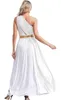 A woman wearing a white Greek goddess costume with a gold belt, shown from the back. Produktbild-Vorschau