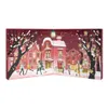 An open advent calendar depicting a festive winter street scene with people shopping and decorated trees. Produktbild-Vorschau