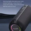 A close-up of a black portable speaker with colorful LED lights and text describing its features. Produktbild-Vorschau