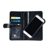 A black leather wallet-style phone case with credit cards inserted and a smartphone placed inside. Produktbild-Vorschau