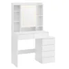 A white vanity table with a mirror and shelves, and a set of drawers to the side. Produktbild-Vorschau