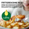 A person is about to eat fried fish and chips, with a graphic overlay indicating low oil usage. Anteprima dell’immagine prodotto