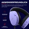 A close-up marketing image of a purple gaming headset with text overlays describing its features. Produktbild-Vorschau