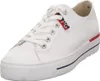 A white leather sneaker with red and blue accents. Produktbild-Vorschau