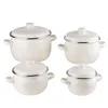 A set of four white enamel pots with silver rims and handles, arranged in a two-by-two grid against a white background. Produktbild-Vorschau