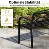 A black metal garden bench is shown outdoors on a paved patio with greenery in the background. There is a graphic overlay on the left side of the image highlighting product features. Podgląd zdjęcia produktu