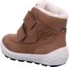 A side view of a brown children's boot with white soles and faux fur lining. Podgląd zdjęcia produktu