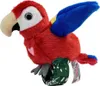 A plush toy parrot is shown from a side-diagonal angle, with its wings slightly raised. It is attached to a wristband with a tropical leaf pattern. Produktbild-Vorschau