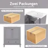 A collage of images showing a bathroom vanity in gray with a white ceramic sink, and two cardboard boxes, one labeled 'Nur Waschbeckenunterschrank' (Vanity cabinet only) and the other 'Nur Badezimmerschränke' (Bathroom cabinet only). Náhled obrázku produktu