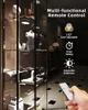 A hand holding a remote control is shown in the foreground, with a display cabinet filled with various items illuminated by LED lights in the background. Text overlays describe the features of the remote control. Produktbild-Vorschau