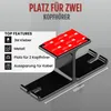 A black desk headphone stand with adhesive strips for mounting, featuring text and icons highlighting its features. Produktbild-Vorschau