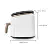 A white air fryer with a black top and gold accents is shown in profile with dimensions indicated. Náhľad obrázku produktu