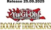 The image displays the Yu-Gi-Oh! Trading Card Game logo and the title 'DOOM OF DIMENSIONS' along with a release date. Produktbild-Vorschau