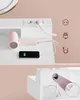 A collage showing a vanity table with a hair dryer and phone charging, and a close-up of a cable management system. Produktbild-Vorschau