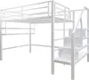 A white metal loft bed with stairs and a shelf unit. Náhled obrázku produktu