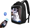 A black smart backpack with an LED display showing a cat's face, connected via Bluetooth to a smartphone. Anteprima dell’immagine prodotto
