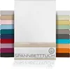 A stack of fitted sheets in various colors, with a white fitted sheet prominently displayed in the center, and text overlays describing the product. Produktbild-Vorschau