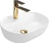 A white oval basin sink with a gold faucet and drain. Náhled obrázku produktu