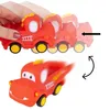 A hand is shown pushing a red toy fire truck, with ghosted images showing its movement. Below, the same toy truck is shown in motion with motion blur. Produktbild-Vorschau