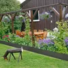 A garden scene with a wooden pergola, outdoor dining set, and lush greenery, bordered by a black garden edge. Voir les images du produit