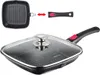 A square grill pan with a glass lid and a detachable handle, shown with the handle detached and an arrow indicating how it attaches. Anteprima dell’immagine prodotto