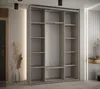 A modern wardrobe with sliding doors and open shelves, set in a hallway with decorative lighting. Produktbild-Vorschau