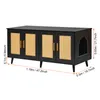 A black cabinet with rattan accents, designed as a cat litter box enclosure, shown with dimensions indicated. Produktbild-Vorschau