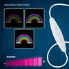 Collage of images showing a neon rainbow light with adjustable brightness and dimmer control. Produktbild-Vorschau