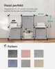 A modular shelving unit with fabric storage boxes, showing dimensions and color options. Produktbild-Vorschau