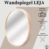 A round wooden mirror is shown with text and icons highlighting its features. Anteprima dell’immagine prodotto