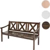 A dark brown wooden park bench with a slatted seat and a backrest featuring a criss-cross design. Produktbild-Vorschau
