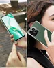 A split image showing a clear phone case on a phone in the left panel and a person holding a phone with a green case to their ear in the right panel. Produktbild-Vorschau