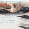 A woman is lying on a futon mattress reading a book, with diagrams illustrating the mattress layers and features. Náhled obrázku produktu