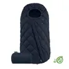A navy blue quilted footmuff is shown on a white background, with a smaller rolled-up version of the footmuff next to it. A green leaf-shaped logo is visible on the right side. Produktbild-Vorschau