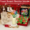 A dog is sitting next to a flower bouquet building kit and an advent calendar. Produktbild-Vorschau