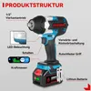 Diagram of a cordless impact wrench with various features labeled. Produktbild-Vorschau