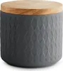 A dark gray ceramic storage jar with a textured diamond pattern and a light brown wooden lid. Produktbild-Vorschau