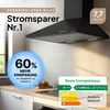 A black range hood is shown in a kitchen setting, with promotional text and energy efficiency labels overlaid. Produktbild-Vorschau