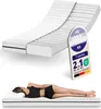 A mattress is shown in two parts: a close-up of the layered foam and a woman sleeping on it. A graphic displays information about the mattress. Voir les images du produit