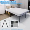 A bed frame with a white sheet on it, set up in a room. There are also inset images showing assembly instructions and a folded bed frame. Produktbild-Vorschau