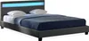 A dark gray upholstered bed with a blue comforter and white pillows, featuring a blue LED light strip on the headboard. Náhled obrázku produktu