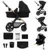 A collage of images showing a black Kinderkraft MOOV 2 4-in-1 stroller and its accessories, including a bassinet, a stroller seat, and a car seat. Podgląd zdjęcia produktu